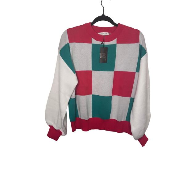 LISILONG Women’s Sweater Size M Colorblock Checkered Crewneck Pullover NWT - Picture 5 of 5